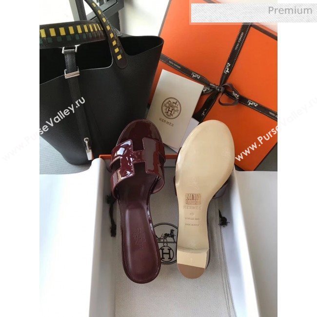 Hermes Patent Calfskin Leather Oasis Slipper Sandals With 5cm Heel Burgundy (MD-20040110)