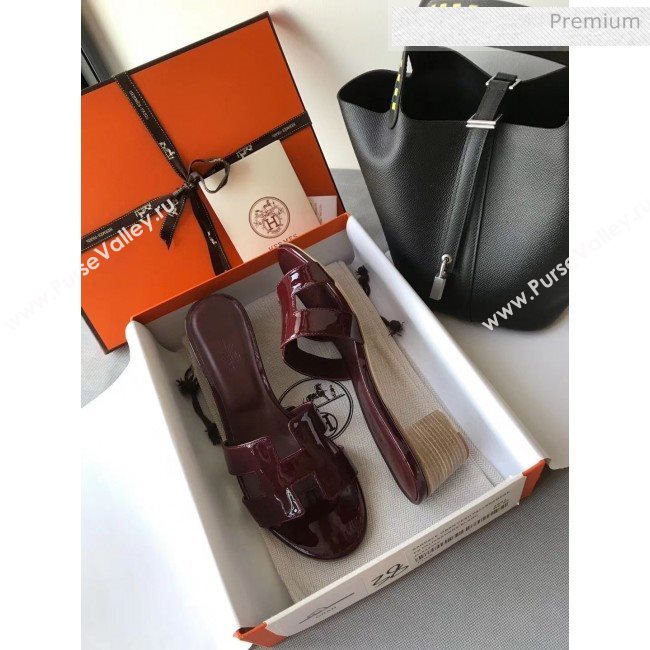 Hermes Patent Calfskin Leather Oasis Slipper Sandals With 5cm Heel Burgundy (MD-20040110)