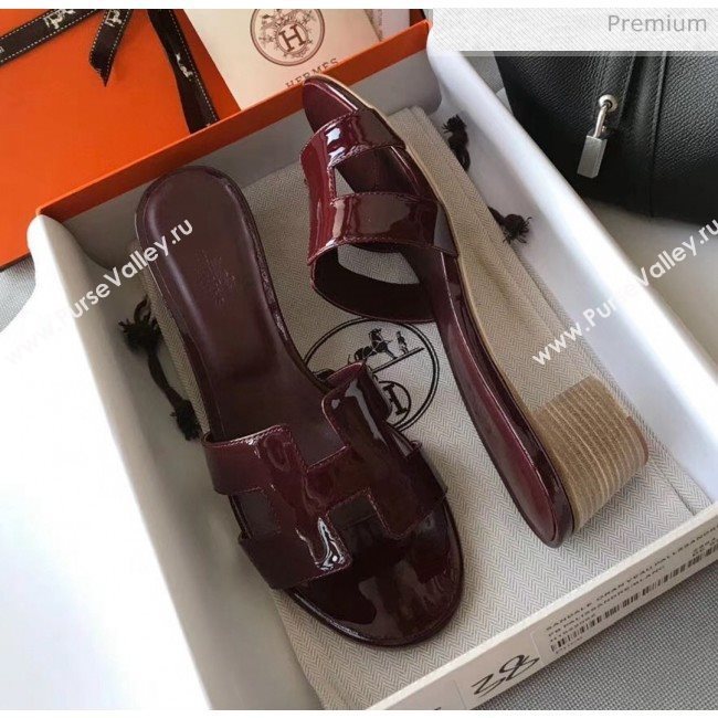 Hermes Patent Calfskin Leather Oasis Slipper Sandals With 5cm Heel Burgundy (MD-20040110)