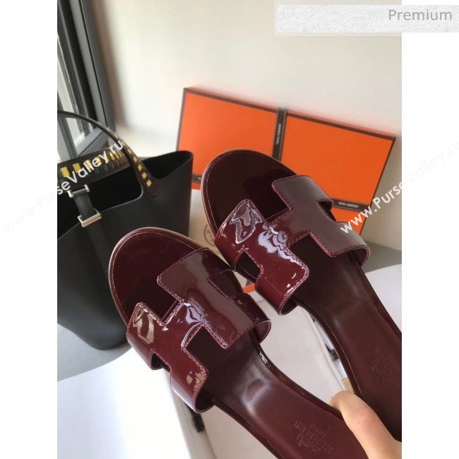 Hermes Patent Calfskin Leather Oasis Slipper Sandals With 5cm Heel Burgundy (MD-20040110)