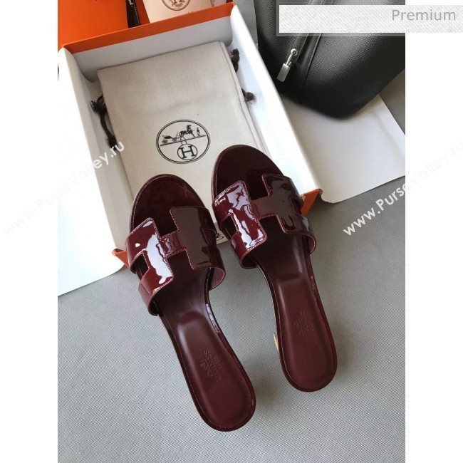 Hermes Patent Calfskin Leather Oasis Slipper Sandals With 5cm Heel Burgundy (MD-20040110)