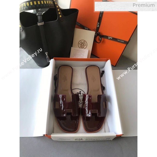 Hermes Patent Calfskin Leather Oran H Flat Slipper Sandals Burgundy/Apricot (MD-20040113)