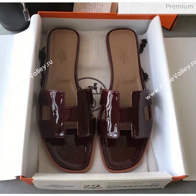Hermes Patent Calfskin Leather Oran H Flat Slipper Sandals Burgundy/Apricot (MD-20040113)