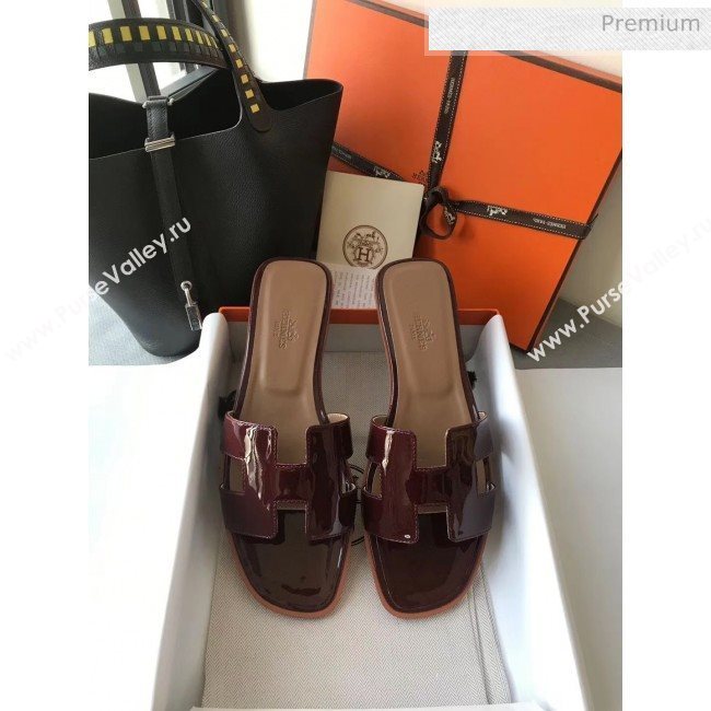 Hermes Patent Calfskin Leather Oran H Flat Slipper Sandals Burgundy/Apricot (MD-20040113)