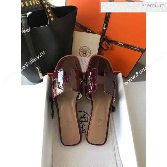 Hermes Patent Calfskin Leather Oran H Flat Slipper Sandals Burgundy/Apricot (MD-20040113)