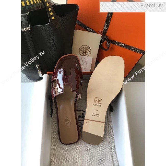 Hermes Patent Calfskin Leather Oran H Flat Slipper Sandals Burgundy/Apricot (MD-20040113)
