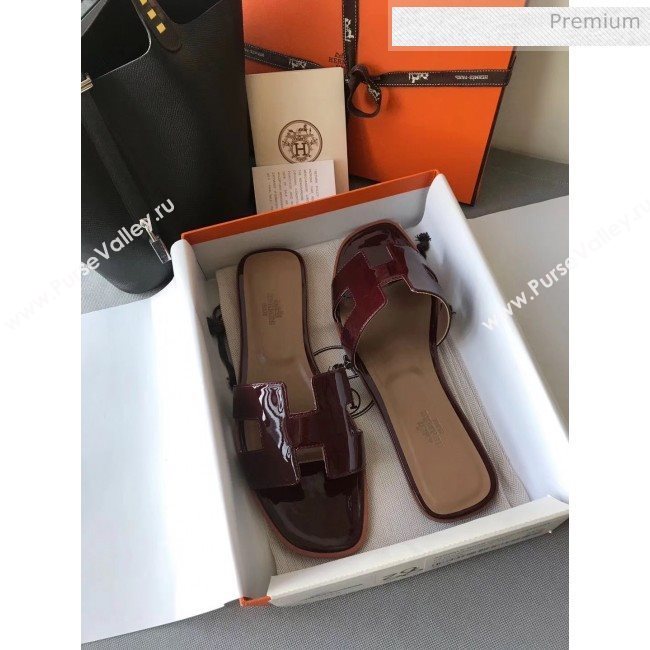 Hermes Patent Calfskin Leather Oran H Flat Slipper Sandals Burgundy/Apricot (MD-20040113)