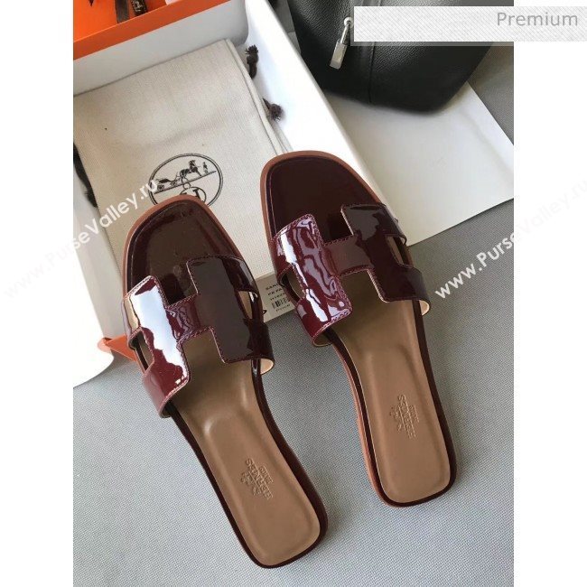 Hermes Patent Calfskin Leather Oran H Flat Slipper Sandals Burgundy/Apricot (MD-20040113)