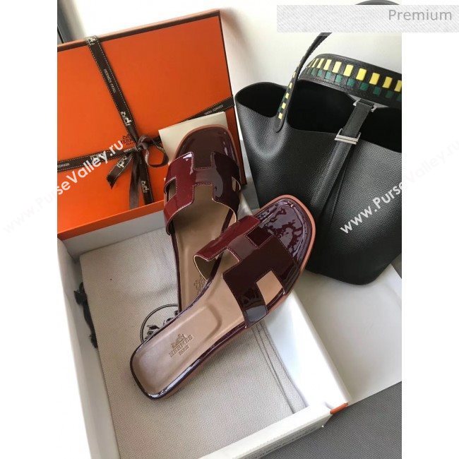 Hermes Patent Calfskin Leather Oran H Flat Slipper Sandals Burgundy/Apricot (MD-20040113)