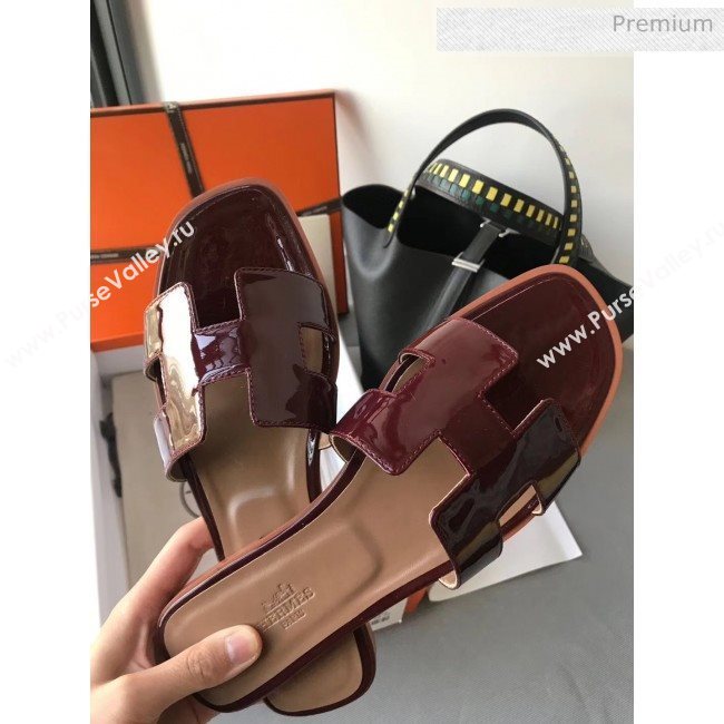Hermes Patent Calfskin Leather Oran H Flat Slipper Sandals Burgundy/Apricot (MD-20040113)