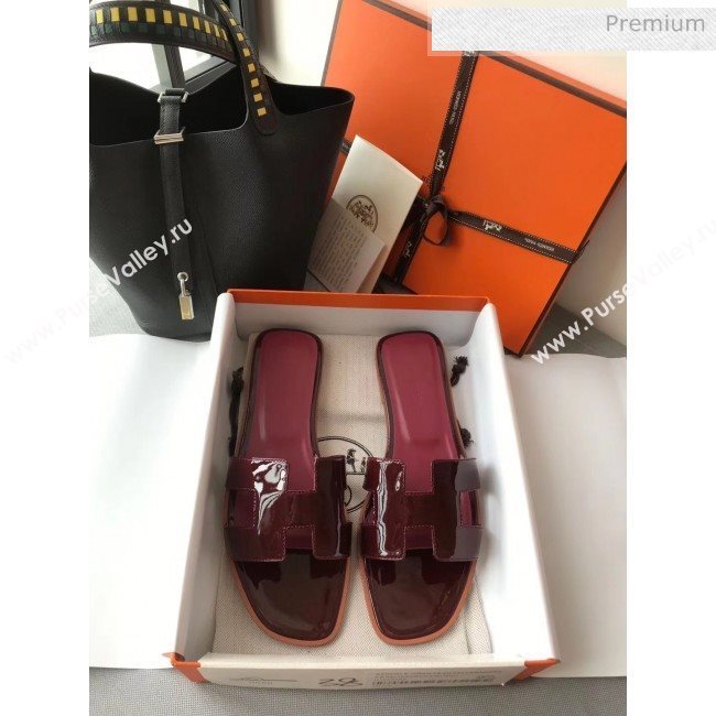 Hermes Patent Calfskin Leather Oran H Flat Slipper Sandals Burgundy 02 (MD-20040114)