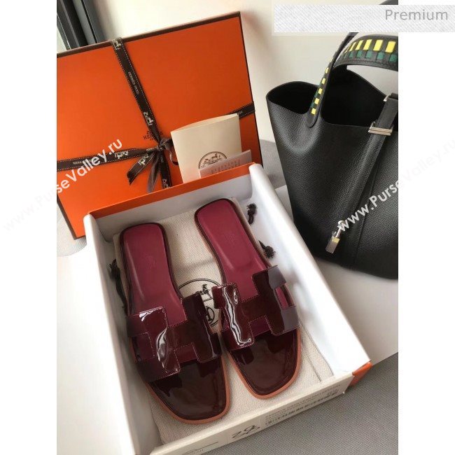 Hermes Patent Calfskin Leather Oran H Flat Slipper Sandals Burgundy 02 (MD-20040114)