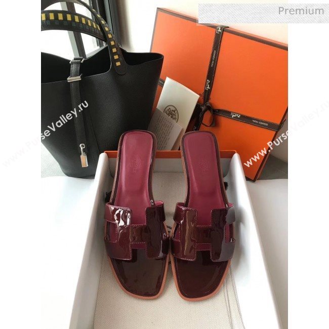 Hermes Patent Calfskin Leather Oran H Flat Slipper Sandals Burgundy 02 (MD-20040114)