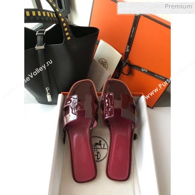 Hermes Patent Calfskin Leather Oran H Flat Slipper Sandals Burgundy 02 (MD-20040114)