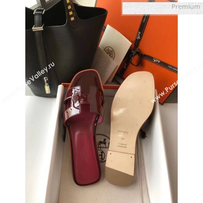 Hermes Patent Calfskin Leather Oran H Flat Slipper Sandals Burgundy 02 (MD-20040114)