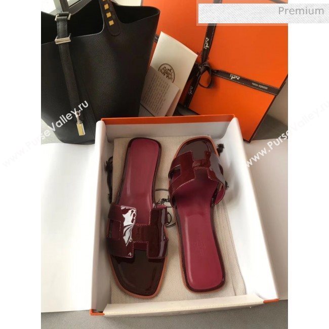 Hermes Patent Calfskin Leather Oran H Flat Slipper Sandals Burgundy 02 (MD-20040114)