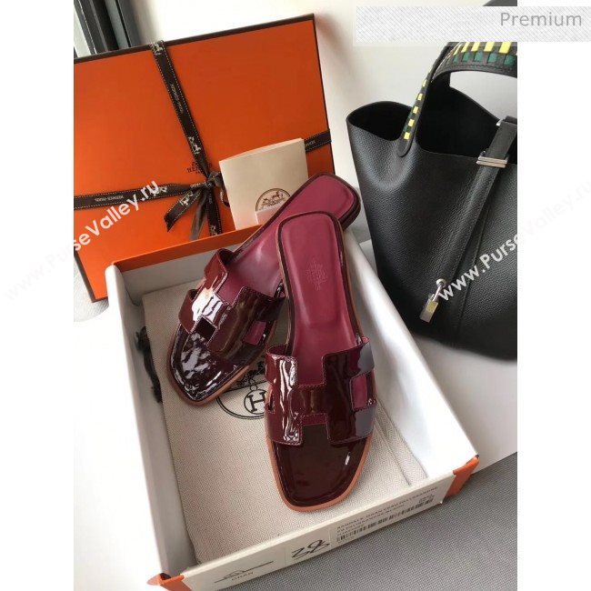 Hermes Patent Calfskin Leather Oran H Flat Slipper Sandals Burgundy 02 (MD-20040114)