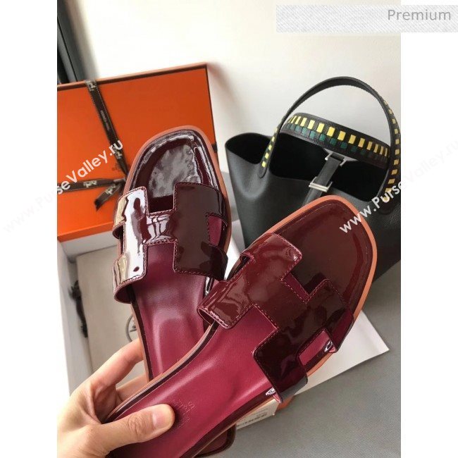 Hermes Patent Calfskin Leather Oran H Flat Slipper Sandals Burgundy 02 (MD-20040114)