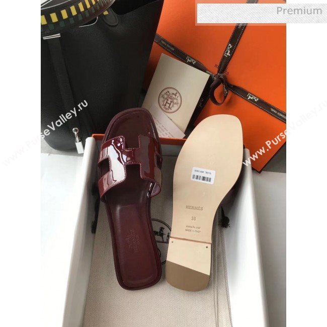 Hermes Patent Calfskin Leather Oran H Flat Slipper Sandals Burgundy (MD-20040111)
