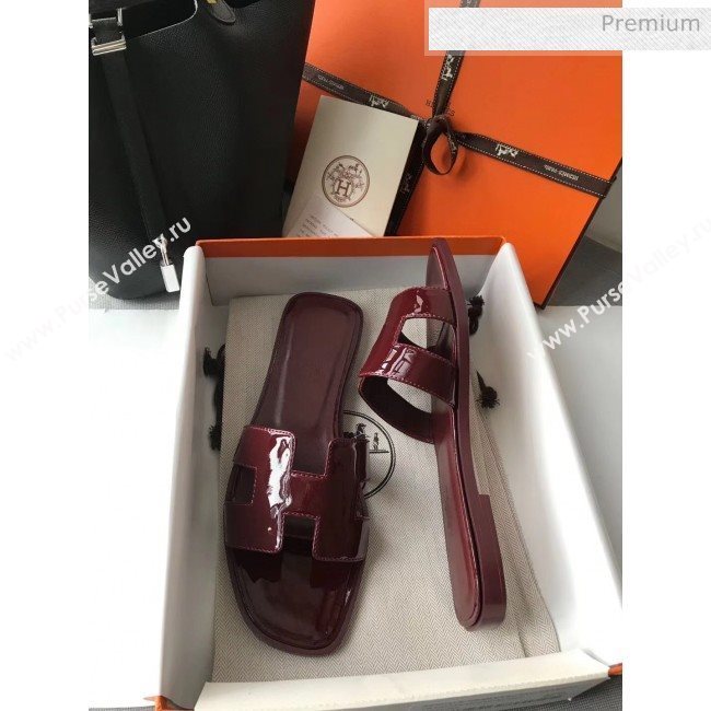 Hermes Patent Calfskin Leather Oran H Flat Slipper Sandals Burgundy (MD-20040111)