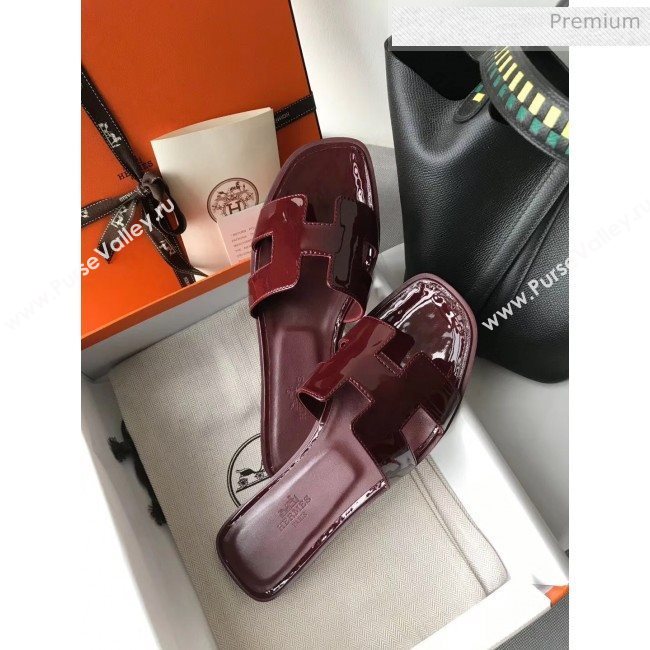 Hermes Patent Calfskin Leather Oran H Flat Slipper Sandals Burgundy (MD-20040111)