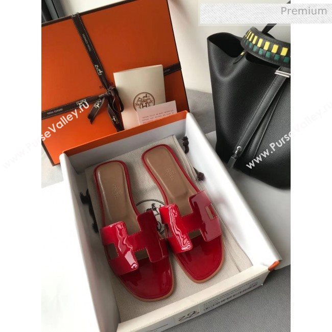 Hermes Patent Calfskin Leather Oran H Flat Slipper Sandals Deep Red (MD-20040112)