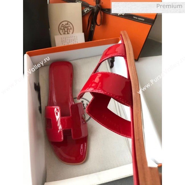 Hermes Patent Calfskin Leather Oran H Flat Slipper Sandals Deep Red 02 (MD-20040115)