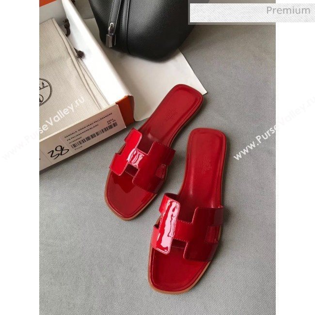 Hermes Patent Calfskin Leather Oran H Flat Slipper Sandals Deep Red 02 (MD-20040115)