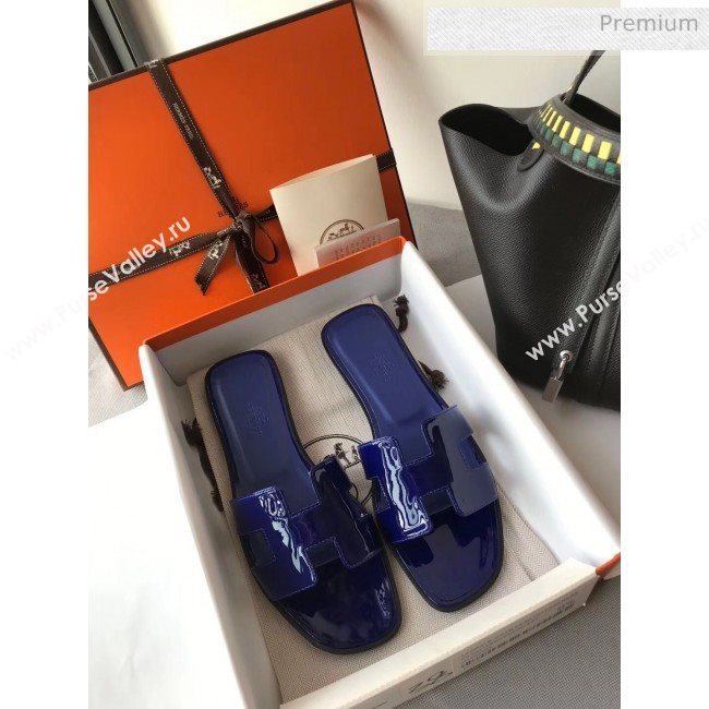 Hermes Patent Calfskin Leather Oran H Flat Slipper Sandals Electric Blue 02 (MD-20040116)