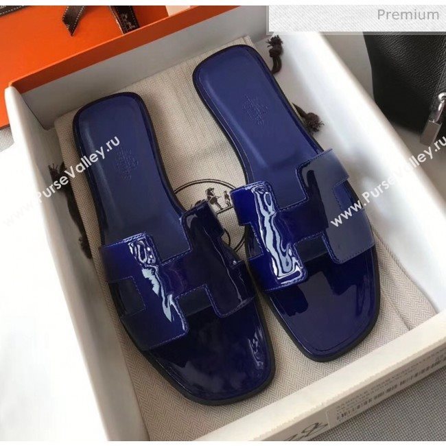 Hermes Patent Calfskin Leather Oran H Flat Slipper Sandals Electric Blue 02 (MD-20040116)