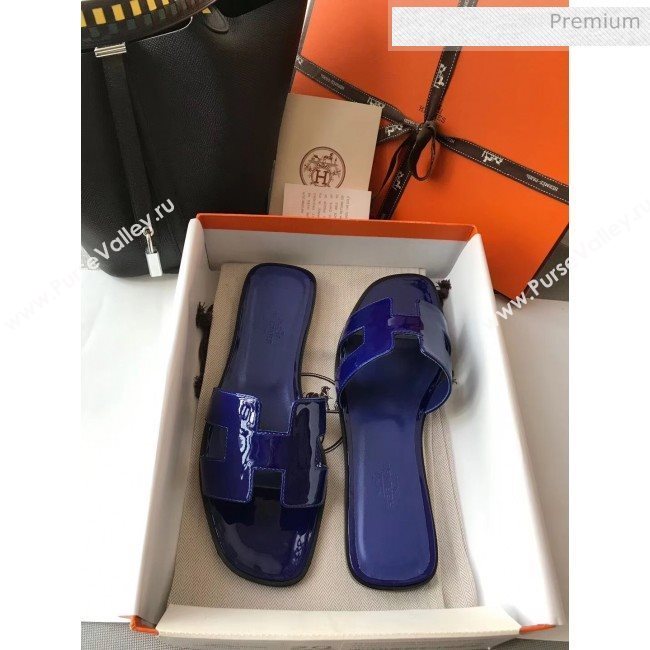 Hermes Patent Calfskin Leather Oran H Flat Slipper Sandals Electric Blue 02 (MD-20040116)