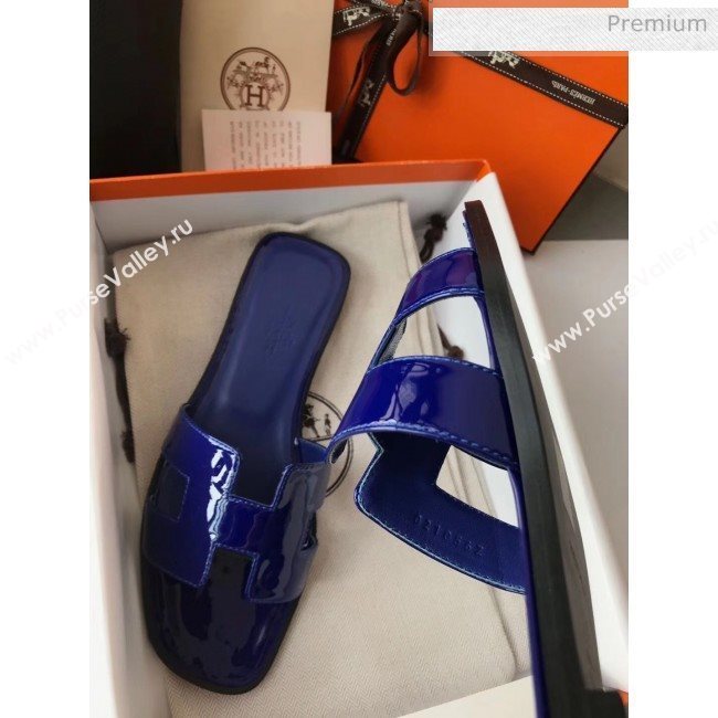 Hermes Patent Calfskin Leather Oran H Flat Slipper Sandals Electric Blue 02 (MD-20040116)