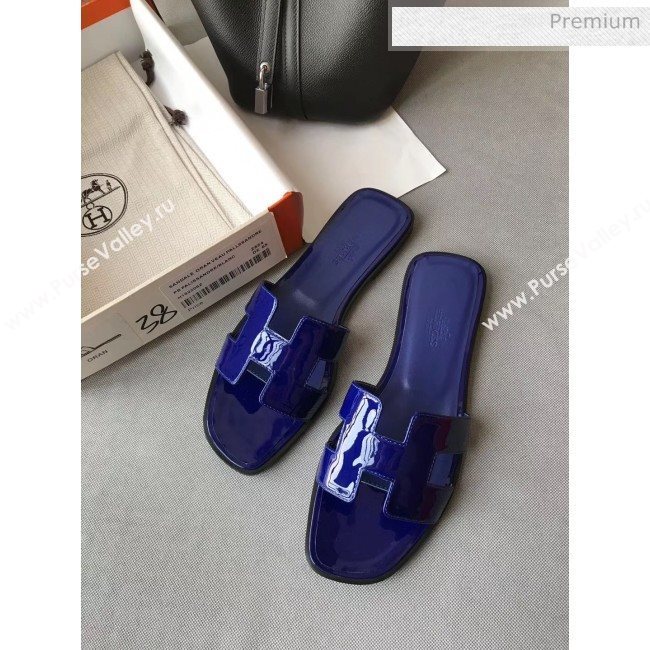 Hermes Patent Calfskin Leather Oran H Flat Slipper Sandals Electric Blue 02 (MD-20040116)