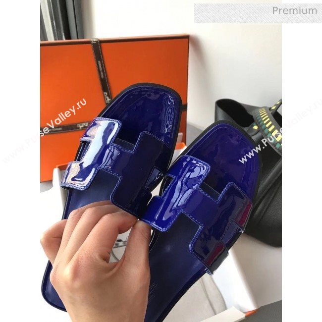 Hermes Patent Calfskin Leather Oran H Flat Slipper Sandals Electric Blue 02 (MD-20040116)