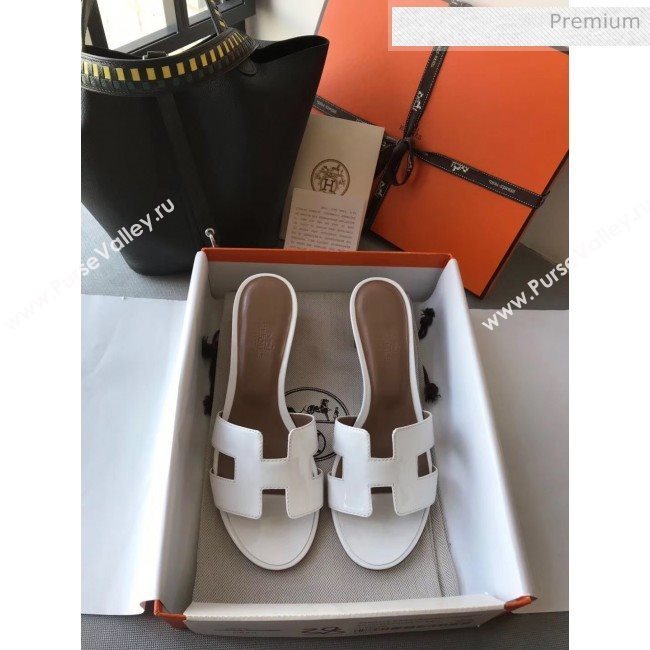 Hermes Patent Calfskin Leather Oasis Slipper Sandals With 5cm Heel White (MD-20040117)