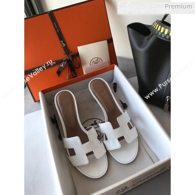 Hermes Patent Calfskin Leather Oasis Slipper Sandals With 5cm Heel White (MD-20040117)