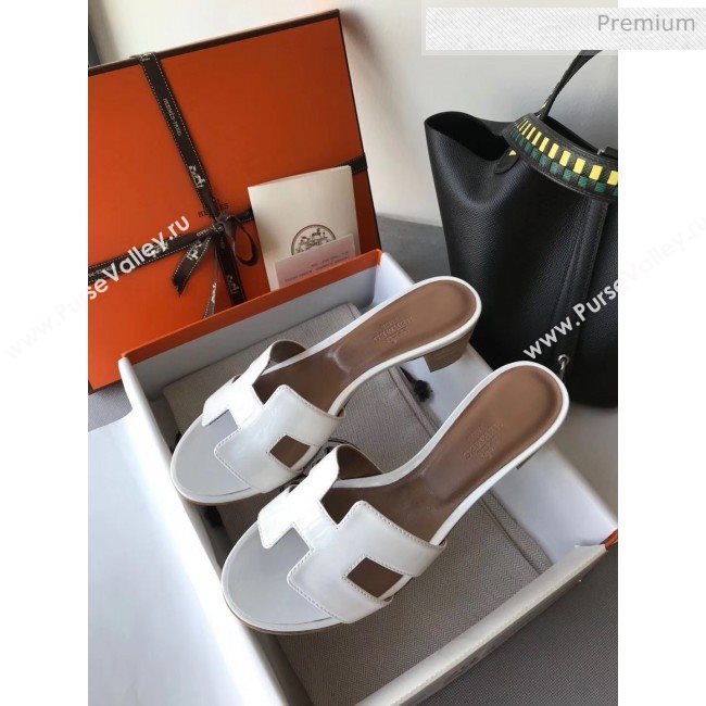 Hermes Patent Calfskin Leather Oasis Slipper Sandals With 5cm Heel White (MD-20040117)