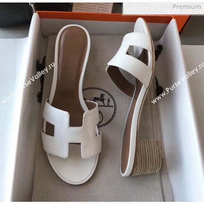Hermes Patent Calfskin Leather Oasis Slipper Sandals With 5cm Heel White (MD-20040117)