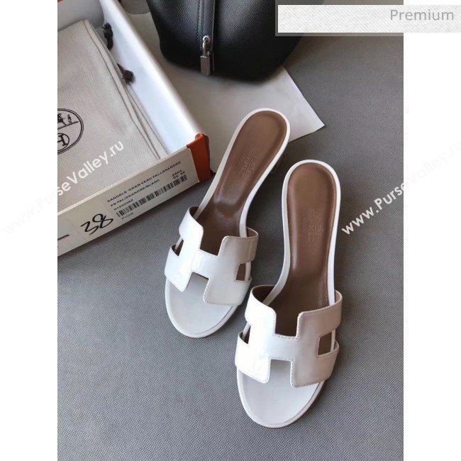 Hermes Patent Calfskin Leather Oasis Slipper Sandals With 5cm Heel White (MD-20040117)