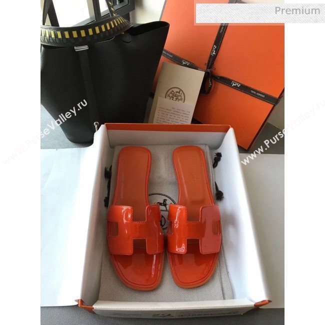 Hermes Patent Calfskin Leather Oran H Flat Slipper Sandals Orange (MD-20040119)