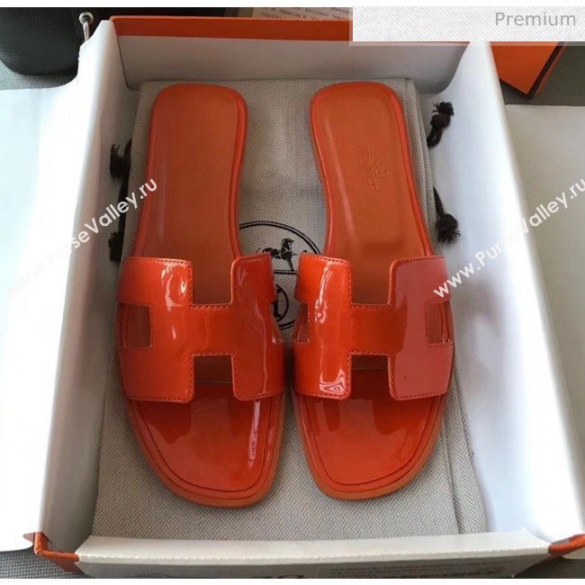 Hermes Patent Calfskin Leather Oran H Flat Slipper Sandals Orange (MD-20040119)