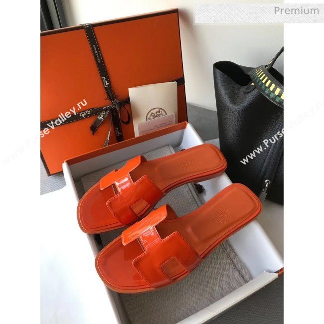 Hermes Patent Calfskin Leather Oran H Flat Slipper Sandals Orange (MD-20040119)