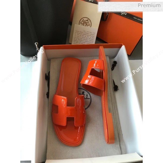 Hermes Patent Calfskin Leather Oran H Flat Slipper Sandals Orange (MD-20040119)