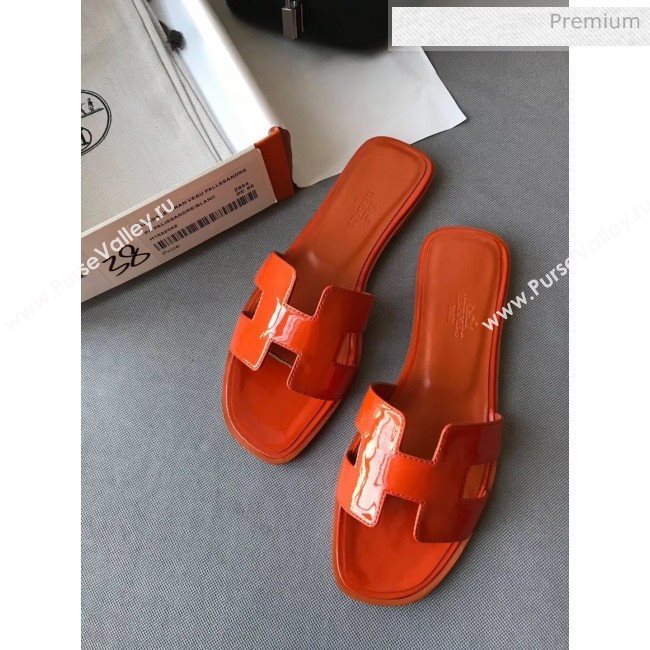 Hermes Patent Calfskin Leather Oran H Flat Slipper Sandals Orange (MD-20040119)