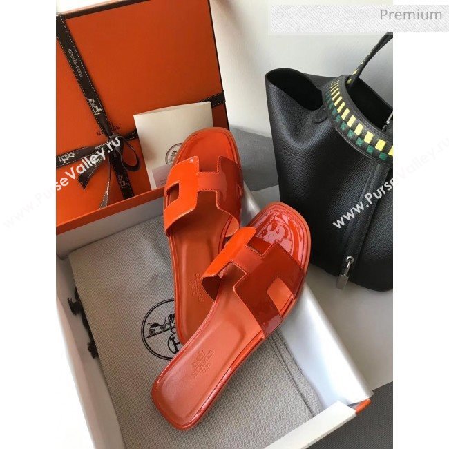 Hermes Patent Calfskin Leather Oran H Flat Slipper Sandals Orange (MD-20040119)