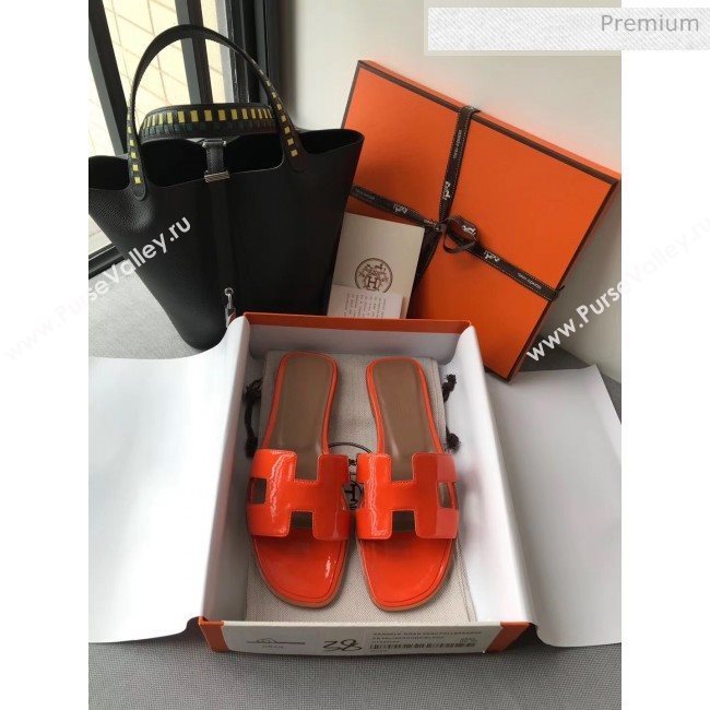 Hermes Patent Calfskin Leather Oran H Flat Slipper Sandals Orange 02 (MD-20040118)