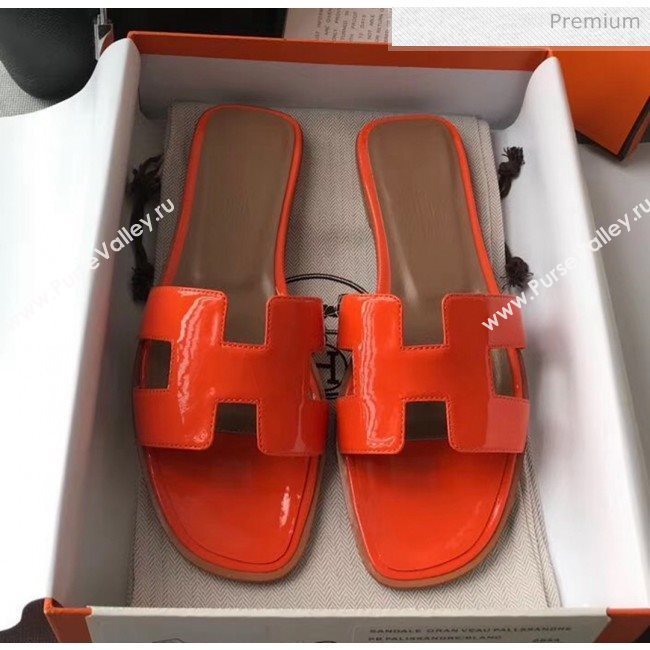 Hermes Patent Calfskin Leather Oran H Flat Slipper Sandals Orange 02 (MD-20040118)