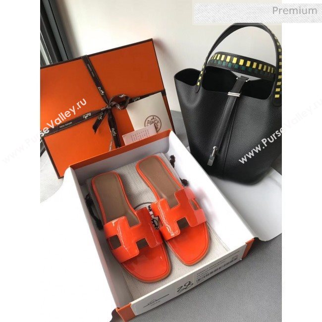 Hermes Patent Calfskin Leather Oran H Flat Slipper Sandals Orange 02 (MD-20040118)