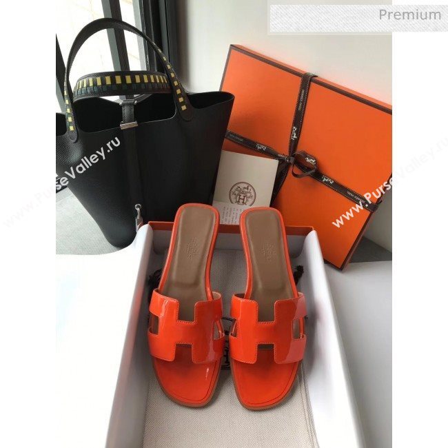 Hermes Patent Calfskin Leather Oran H Flat Slipper Sandals Orange 02 (MD-20040118)