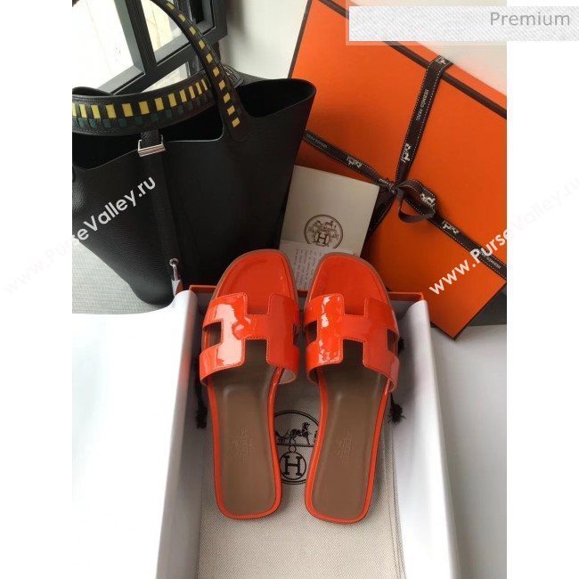 Hermes Patent Calfskin Leather Oran H Flat Slipper Sandals Orange 02 (MD-20040118)